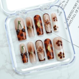 Brown French Tip Press on Nails Long Coffin Fake Nails Handmade Press on Nails 3D Luxury Flower and Cherry Embossed Designs Muti-Layer Gel Thick False Nails Glossy Acrylic Nails...