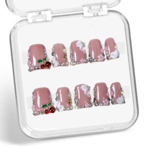 Duck Press on Nails Duck Handmade Press on Nails 3D Luxury Rhinestone Cherry and Pearl Acrylic Fake Nails Designs Flower Stick on Nails Full Cover Thickened False Nails for...